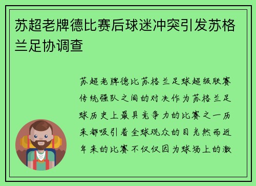 苏超老牌德比赛后球迷冲突引发苏格兰足协调查
