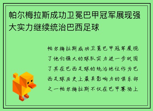 帕尔梅拉斯成功卫冕巴甲冠军展现强大实力继续统治巴西足球